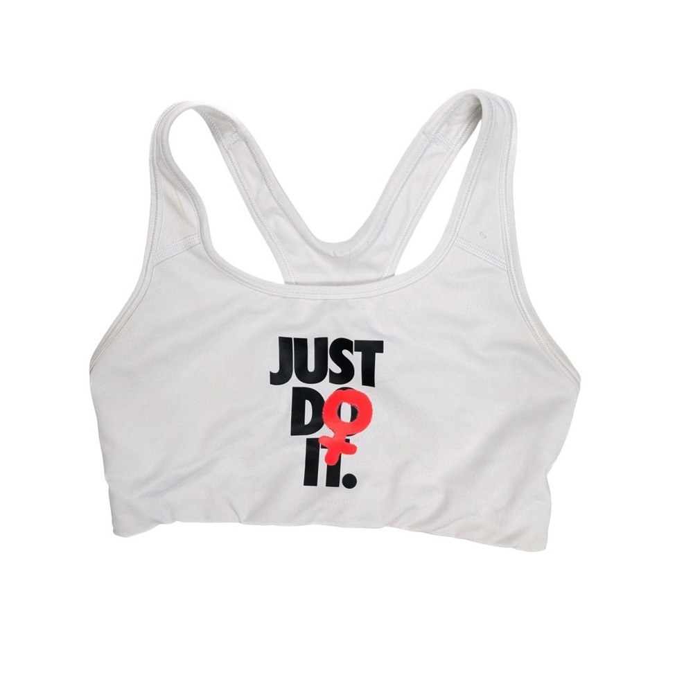 Nike Dri Fit White Rebel Swoosh JDI Medium Support Sports Bra Women's Size Small